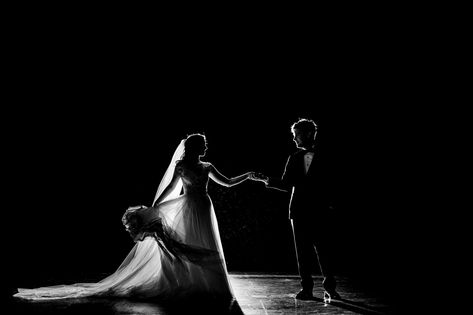 Backlit Portrait, Movie Theater Wedding, Dancing On Stage, Bride And Groom Dancing, Theater Wedding, Mob Boss, Theatre Wedding, St Louis Wedding, Couple Photoshoot Poses