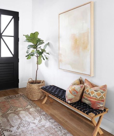 Art In Entryway, Bench Hallway Entrance, Artsy Entryway, Entry Way Bench Styling, Large Entrance Hall Ideas, Long Entryway Ideas, Boho Entrance, Entryway Bench Decor, Stylish Entryway