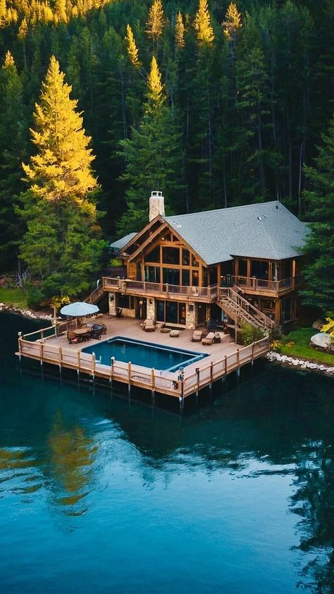 Lake Cabin Outdoor Ideas, Houses With Big Backyards, Lake House In The Mountains, Montana Lake House, Lake House Ideas Exterior, Montana Aesthetic Home, Canadian Lake House, Lake House Room Ideas, Small Cozy Houses