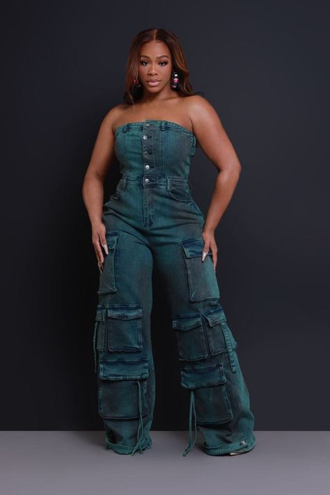 Smart Casual Jeans, Cargo Jumpsuit, Brown Denim, Denim Outfits, Cute Skirt Outfits, Cargo Pants Outfit, Denim Cargo, Denim Day, Green Jumpsuit