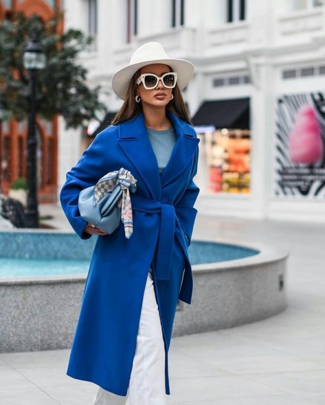 Blue Bentley, Blue Coat Outfit, Rita Tesla, Royal Blue Coat, Elegant Fashion Outfits, Lawyer Fashion, Wool Wrap Coat, Camouflage Outfits, Blue Coat