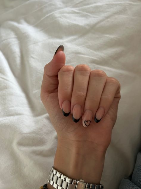 Almond French Tip Nails With Heart Design, Black French Acrylic Nails Almond, Short Black Heart Nails, Black French Tip Nails Almond With Heart, Oval French Tip Nails With Heart, Nail French Tip With Heart, Short Nail Designs Almond Shape French Tip, Almond Nails Designs School, Nail Inspo For A Black Dress