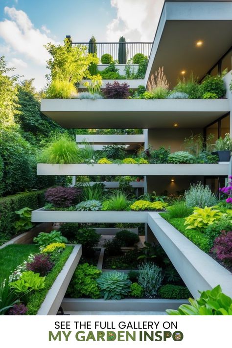 A beautiful multi-level garden showcasing 36 unique designs that feature various heights, enhancing the visual appeal and layout of outdoor spaces with lush greenery. Creating A Garden, Multi Level Deck, Creeping Thyme, Herb Boxes, Tiered Planter, Strawberry Planters, Floating Garden, Gravel Path, Berry Bushes