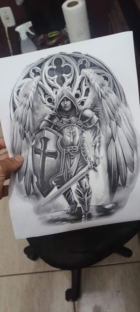 Angel With Shield Tattoo, Angel Back Tattoo, Guardian Angel Tattoo Designs, Womens Necklaces Silver, Shield Tattoo, Mens Tattoos, Guardian Angel Tattoo, Warrior Tattoos, Half Sleeve Tattoos For Guys