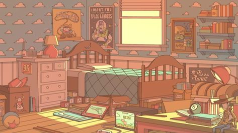 Toy Story Retro Vintage Aesthetic Andy's Room, Vtuber Background, Retro Vintage Aesthetic, Realistic Cartoons, Bedroom Drawing, Episode Backgrounds, Bg Design, Architecture Background, House Sketch