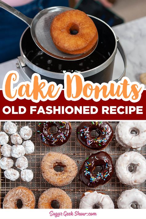 A classic fried cake donut recipe that makes the most delicious old fashioned donuts ever! Light and crispy on the outside, tender, moist, and cakey on the inside. Plain Donut Recipe, Cake Donut Recipe Fried, Donut Recipe Fried, Cake Mix Donuts Recipe, Donut Glaze Recipes, Old Fashioned Donuts, Cake Donut Recipe, Cake Doughnuts Recipe, Geek Recipes