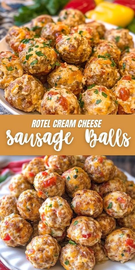 Rotel Cream Cheese Sausage Balls Ingredients: 1 lb hot sausage, uncooked 1 (8-oz) package cream cheese, softened 1 (10-oz) can Rotel diced tomatoes and green chilies, drained 1½ cups Bisquick 2 cups shredded Mexican cheese blend #Rotel #CreamCheese #Sausage #Balls Bite Size Brunch, Cream Cheese Rotel, Sausage Balls Low Carb, Hot Sausage Recipes, Cream Cheese Balls Recipe, Mexican Cheese Blend, Cheese Sausage Balls, Cream Cheese Sausage, Sausage Balls Bisquick