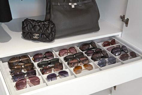 Accessory Storage, A drawer sporting an angled suede-lined custom insert is designated specifically to sunglasses. Contemporary Closet, Closet Vanity, White Closet, Diy Organizer, Sunglasses Storage, Closet Layout, Closet Room, Dream Closets, Closet Goals