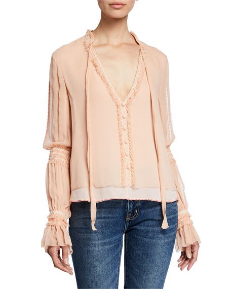 JONATHAN SIMKHAI SMOCKED CHIFFON LONG-SLEEVE BLOUSE. #jonathansimkhai #cloth Ruffle Trend, Sheer Chiffon Blouse, Ladies Blouse Designs, Silk Outfit, Blouse Nordstrom, Jonathan Simkhai, Chiffon Long Sleeve, Sheer Chiffon, Vogue Fashion