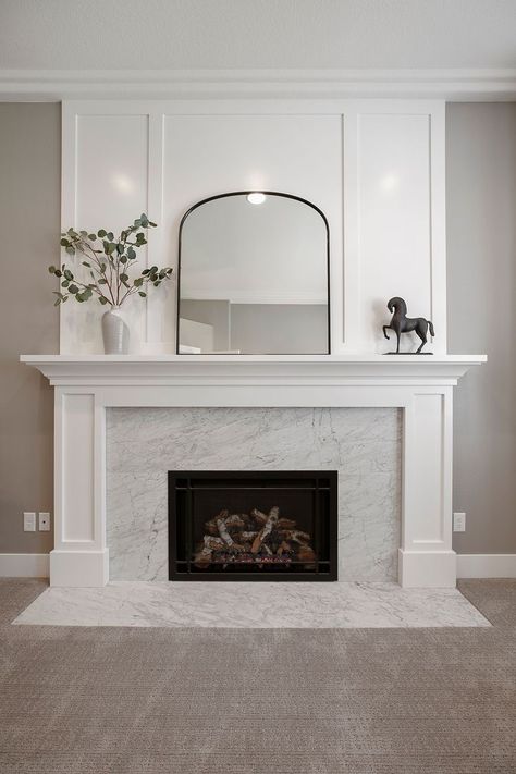 Marble Mantle, Fireplace Mantel Designs, Fireplace Mantle Decor, Brick Fireplace Makeover, Mantel Design, Fireplace Built Ins, Fireplace Mantel Decor, Grey Lounge, Fire Places