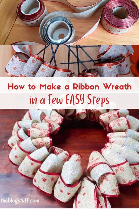 DIY ribbon wreath tutorial using red and beige wire ribbon, showing step-by-step how to create a festive holiday wreath. Easy Ribbon Wreath Diy, Wire Wreath With Ribbon, How To Make A Ribbon Wreath, Easy Ribbon Wreath, Diy Christmas Ribbon Wreath, Unique Christmas Wreath Ideas, Make A Ribbon Wreath, Wire Christmas Wreath, Diy Christmas Ribbon