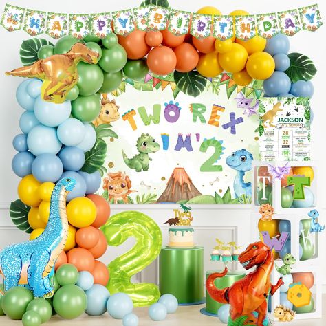 Dinosaur Birthday Party For Two Year Old, Dino Themed 2nd Birthday Party, Second Birthday Dinosaur Theme, 4th Birthday Theme Boy, Dinosaur 2nd Birthday Party Boys, Dino 2nd Birthday Party, Baby Boy 2nd Birthday Ideas, Two Rex Birthday Party Boy, Dinosaur Themed Birthday Party Decorations