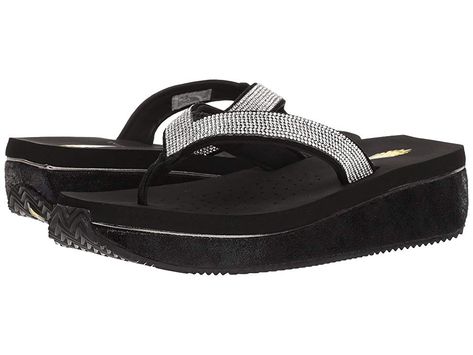 VOLATILE Zarina (Black) Women's Sandals. Stroll the boardwalk in style with these Volatile Zarina wedge sandals. Thong sandals with synthetic upper boasting crystal detailing. Single toe post. Easy slip-on wear. Synthetic lining. Fixed  cushioned footbed. Comfortable wedge and platform. Textured synthetic outsole. Imported. Measurements: Heel Height: 1 3 4 in Weight: 7 oz Platform Height: 1 in Product measurements were taken u #VOLATILE #Shoes #OpenFootwear #CasualSandal #Black Volatile Shoes, Comfortable Wedges, Comfortable Sandals, Casual Sandals, Thong Sandals, Free Clothes, Women's Sandals, Platform Sandals, Mens Flip Flop