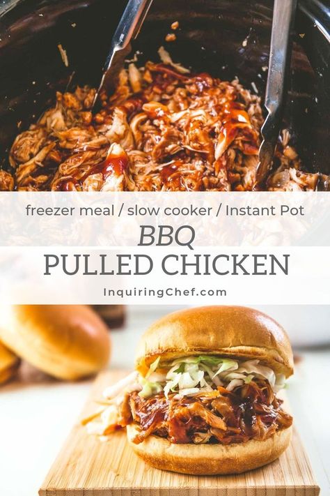 Sitting down to a meal of BBQ Pulled Chicken any time of year is to embrace the taste of summer. Make this weeknight-friendly meal in the slow-cooker or Instant Pot. Makes a great dish for pot-lucks, summer dinners, and is freezer-friendly too! | Inquiring Chef #chickenrecipes #bbqchicken Summer Dinner Instant Pot, Pulled Chicken Freezer Meal, Instant Pot Bbq Pulled Chicken, Instant Pot Pulled Chicken Bbq, Pulled Bbq Chicken Instant Pot, Pulled Chicken Instant Pot Recipes, Bbq Pulled Chicken Instant Pot, Slow Cooker Pot Luck Ideas, Slow Cooker Pot Luck