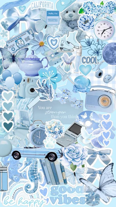 Collage Wall Prints Purple, Cute Blue Collage Wallpaper, Aesthetic Blue Wallpaper Collage, Girly Aesthetic Blue, Light Blue Aesthetic Wallpaper Collage, Blue Objects Aesthetic, Cute Sky Blue Wallpaper, Light Blue Collage Wallpaper, Blue Collage Wallpaper Aesthetic