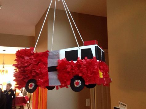 Firetruck Pinata Diy, Firefighter Pinata, Firetruck Piñata, Fire Truck Pinata, Fireman Sam Birthday Cake, Firefighter Birthday Cakes, Fire Department Christmas, Fire Engine Party, Construction Theme Birthday Party