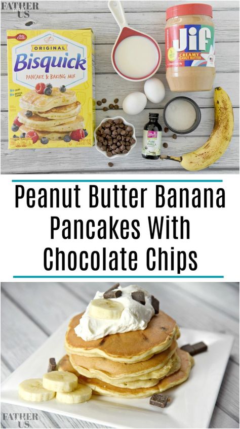 This quick and easy recipe for Peanut Butter Banana Pancakes with Chocolate Chips will be a huge hit with the whole family. Made with Bisquick, these pancakes are light and crispy on the outside but soft and fluffy on the inside. Just put some butter and some maple syrup on top and you will be in breakfast heaven! #peanutbutterbananapancakes #pancakerecipe Peanut Butter And Banana Pancakes, Bisquick Banana Pancakes, Banana Peanut Butter Pancakes, Pancakes With Banana, Morning Snacks, Peanut Butter Banana Pancakes, Bisquick Pancakes, Banana Chocolate Chip Pancakes, Peanut Butter Pancakes