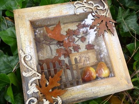 Words and Pictures: Calico Autumn Shadows Leaves Shadow, 3d Box Frames, Halloween Shadow Box, Box Frame Art, Fall Decor Diy Crafts, Shadow Box Art, 3d Shadow Box, Wood Shadow Box, Maple Walnut