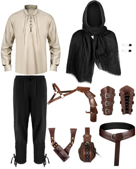 PRICES MAY VARY. Comprehensive Role Play Set: the medieval costumes set is a full set that caters to your cosplay and role play needs; It includes a total of 8 pieces: 1 shoulder armor, 1 belt, 1 pair of wrist bracer, 1 hand held sword bag, 1 medieval pouch, 1 scarf, 1 long sleeved collar shirt, and 1 pair of pants Leather Material: our medieval costume such as shoulder armor, belt, wrist guard, arrow holder and retro purse is made of leather; These medieval Viking style accessories are durable