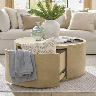 Adrian Coffee Table Coffee Table With Drawer, Coastal Coffee Table, Round Coffee Table Living Room, Coastal Living Decor, Round Coffee Table Modern, Coffee Table Furniture, Round Wood Coffee Table, Coffee Table With Drawers, Grandin Road