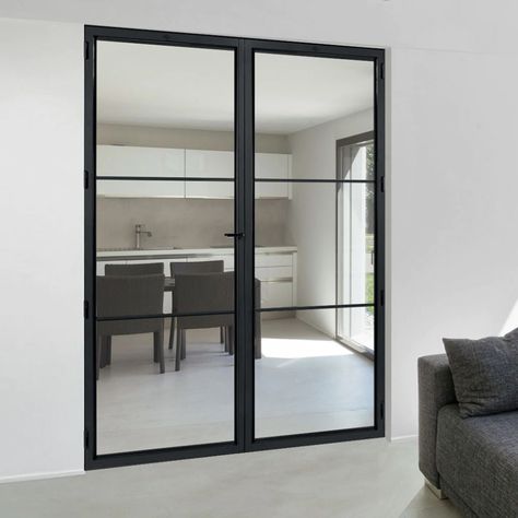 Black Tinted Glass Kitchen Cabinet, Tinted Glass Door, Black Glass Door, Hall Door, Crittal Doors, Landing Space, Office Doors, Barn Door In House, Internal Glass Doors