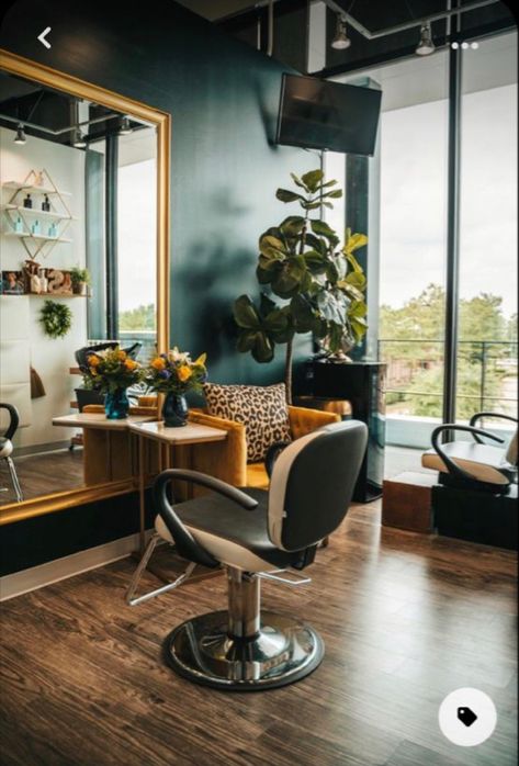 Salon Suite Decor Green, Emerald Green Hair Salon, Eclectic Hair Salon Decor, Colorful Hair Salon Decor, Salon Outdoor Design, Art Deco Salon Interiors, Modern Salon Aesthetic, Witchy Salon Suite, Diy Hair Salon Decor Ideas