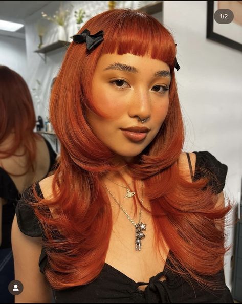 Neutral Ginger Hair, Long Layered Hairstyles With Bangs, Hair Color Ideas Orange, Orange Hairstyle, Bangs With Layers, Baby Bangs, Penteado Cabelo Curto, Hair Color And Cut, Cut My Hair