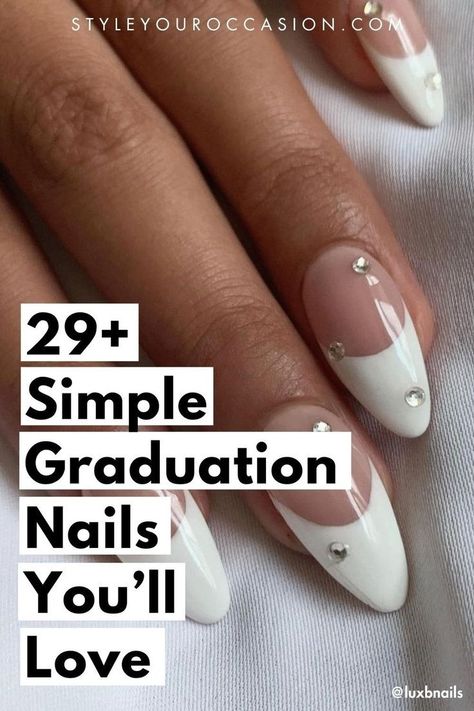 Graduation Nails inspiration & Ideas 2024: You’ll love this list of simple grad nails with stunning designs and art. Whether you want cute short nails or elegant nails with square, coffin, or almond shape, this list has it all! High school or college graduates will love these gel manis for the big day! Nails For College Graduation, Classy Nail Inspo Square Short, Nail Designs For Formal Events, French Nail Square, Simple Grad Nails, Nails For Senior Pictures, Nails For Grad, Graduation Nails Design, Nail Designs Graduation