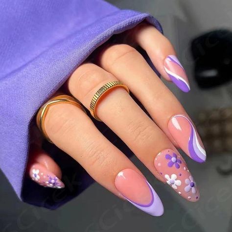 Purple Nail Designs, Purple Nail, French Tip Acrylic Nails, Spring Nail Art, Stick On Nails, Nail Designs Spring, Nails Short, Nail Arts, Manicure E Pedicure