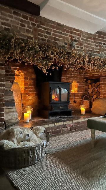 British Cottage Interior, Interior Cottage, English Cottage Interiors, Winter Hygge, Have A Lovely Evening, Cottage Fireplace, British Cottage, Wood Stove Fireplace, Inglenook Fireplace