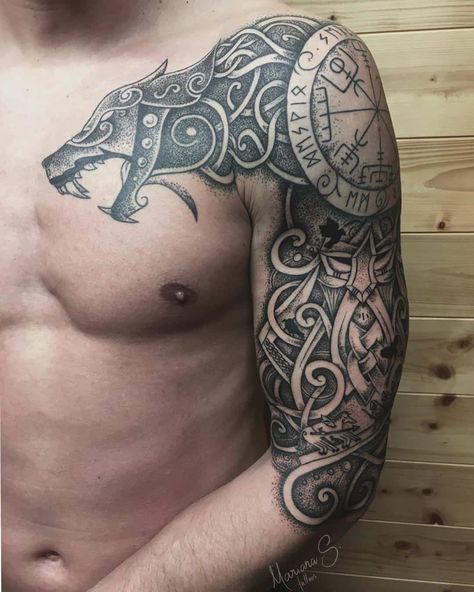 Mystical Norse Tattoos With Celtic Dragon Sleeve Celtic Sleeve Tattoos, Viking Tattoos For Men, Stile Pin Up, Celtic Tattoos For Men, Celtic Dragon Tattoos, Celtic Tattoo Designs, Viking Tattoo Sleeve, Knot Tattoo, Mens Shoulder Tattoo