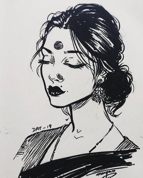 INKtober 2017 day-18 Happy Pencil Drawings, Ink Portrait Drawing Faces, Brush Pen Portrait, Aesthetic Pen Sketches, Pen Drawing Ideas Creativity Sketchbooks, Pen Sketches Face, Notebook Art Drawings, Face Drawing Female, Sketch With Black Pen