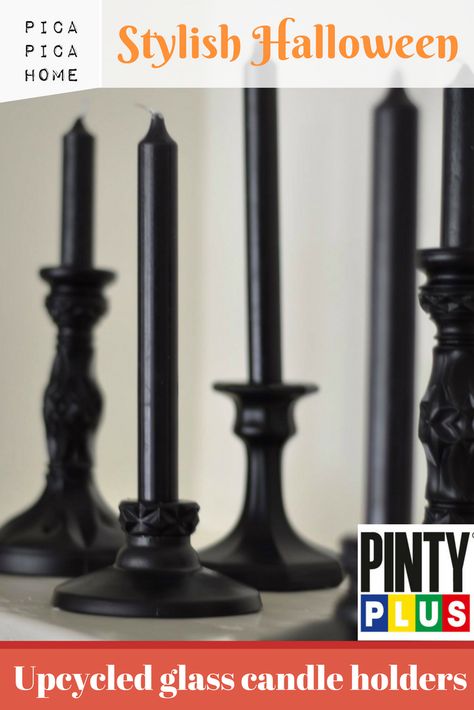 Spray Paint Glass Candle Holders, Paint Glass Candle Holders, Spray Paint Candle Holders, Diy Taper Candle Holders, Spray Painting Glass, Halloween Candle Holders, Painted Glass Candle Holders, Glass Taper Candle Holders, Painting Candle Holders