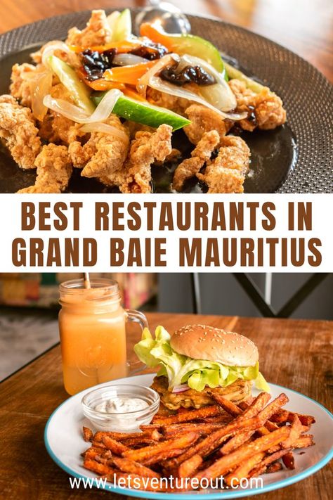 photo collage of crispy chicken with veggies and a vegan burger with fries Mauritius Grand Baie, Mauritian Food Recipes Mauritius, Chicken And Prawn Curry, 2023 Adventure, Grand Baie Mauritius, Mauritius Food, Crispy Chicken Wraps, Honeymoon Activities, Mountains And Waterfalls