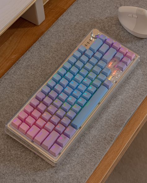 New lil desk item! 🌈 How do we like my new pink and blue ombré mechanical keyboard? It originally came with clear keycaps which are super cute but I really wanted something that POPPED off my desk 😜 and i can’t justify another pink keyboard (yet!) Gotta say a big thanks to @masonwattss for your generous donation. Girlies, get yourself a tech setup boyf so you can happily and graciously accept his hand-me-downs 😎 — #keyboard #desksetup #deskspace #deskdecor #mechanicalkeyboard #gamergir... Bubble Keyboard, Cute Keyboard, Pink Keyboard, Tech Setup, Big Thanks, My Desk, Desk Setup, Mechanical Keyboard, Blue Ombre