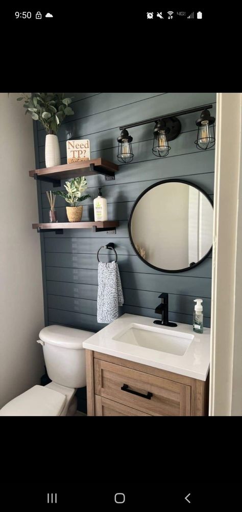 Guest Bath Accent Wall, Accent Wall For Small Bathroom, Muted Blue Bathroom, Half Bath Decor Ideas, Guests Bathroom, Bathroom Shiplap, Vibe Bathroom, Bathroom Cabinet Makeover, Half Bath Decor