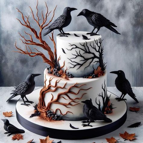 Crow Cake, Gothic Birthday Cakes, Halloween Torte, Scary Cakes, Gothic Cake, Halloween Deserts, Spooky Cake, Halloween Birthday Cakes, Halloween Cake Decorating