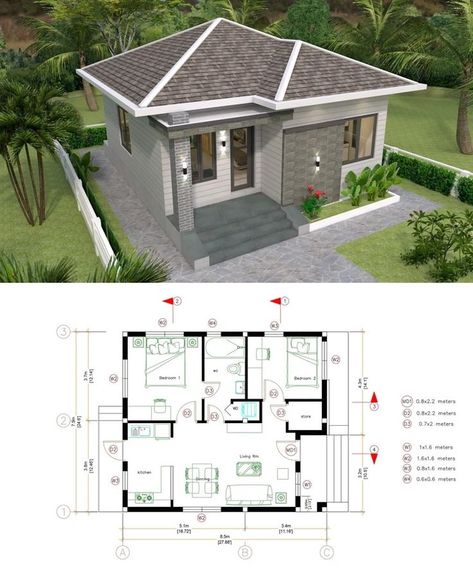 3D Tiny House Plan Design with 7.5mx8.5m (689sq.ft) 1800 Square Foot House Plans, 30x30 House Plans, Small Victorian House Plans, 2200 Sq Ft House Plans, House Floor Plans Farmhouse, Nutec Houses, Shed Roof Design, House Plan Design, Beautiful Small Homes