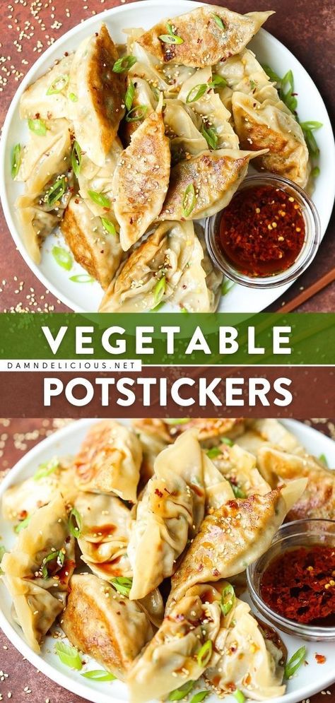 VEGETABLE POTSTICKERS, game day, football Veggie Potstickers, Vegetable Potstickers, Vegetarian Dumplings, Foreign Cuisine, Egg Mushroom, Potstickers Recipe, Vegetarian Asian, Resep Diet, Healthy Snacking