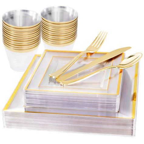 Black Plastic Plates, Gold Plastic Silverware, Clear Plastic Plates, Gold Plastic Plates, Gold Silverware, Palm Leaf Plates, Gold Plates, Plastic Silverware, Gold Dinnerware