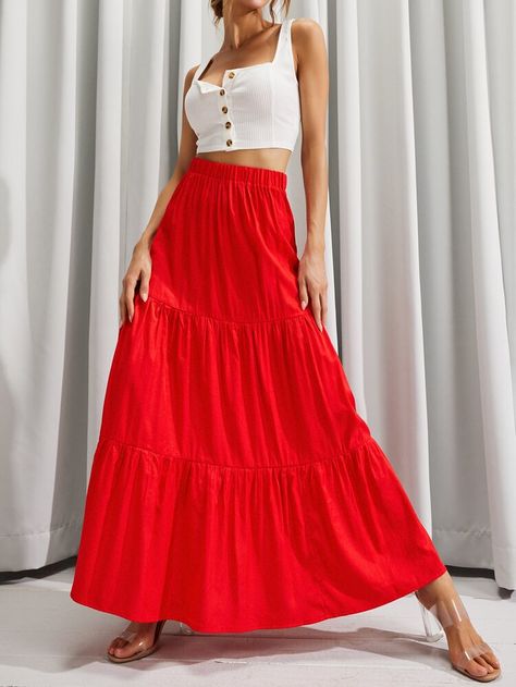 Free Returns ✓ Free Shipping On Orders $49+ ✓. LUUKSE Solid Flounce Hem Skirt- Women Skirts at SHEIN. Red Midi Skirt, Women Bottoms, Red Midi, Solid Tank Tops, Women Skirts, Hem Skirt, Skirt Women, Summer Skirts, Flowy Skirt