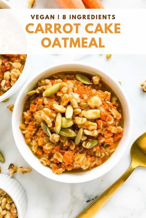 This Carrot Cake Oatmeal is hearty, filled with warming spices, and perfectly-sweetened. Made with only 8 wholesome ingredients! This cozy bowl of oats tastes like a slice of carrot cake. Made with rolled oats, almond milk, shredded carrots, cinnamon, ginger, nutmeg, and sweetened with maple syrup. Who says you can’t have dessert for breakfast? Oatmeal Vegan, Winter Breakfast, Carrot Cake Oatmeal, Vegan Fast Food, Shredded Carrots, Vegan Carrot Cakes, Tasty Breakfast, Tofu Scramble, Health Coaching