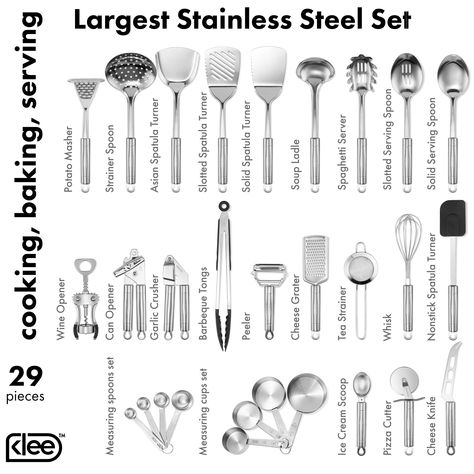 Klee Deluxe 29-Piece Heat-Resistant Stainless Steel Kitchen Utensil Set -- Check out this great product.-It is an affiliate link to Amazon. Kitchen Utensils List, Minimalist Kitchen Essentials, Kitchen Essentials List, Safe Kitchen, Stainless Steel Kitchen Utensils, Dining Etiquette, Kitchen Tool Set, Cooking Utensils Set, Kitchen Utensil Set