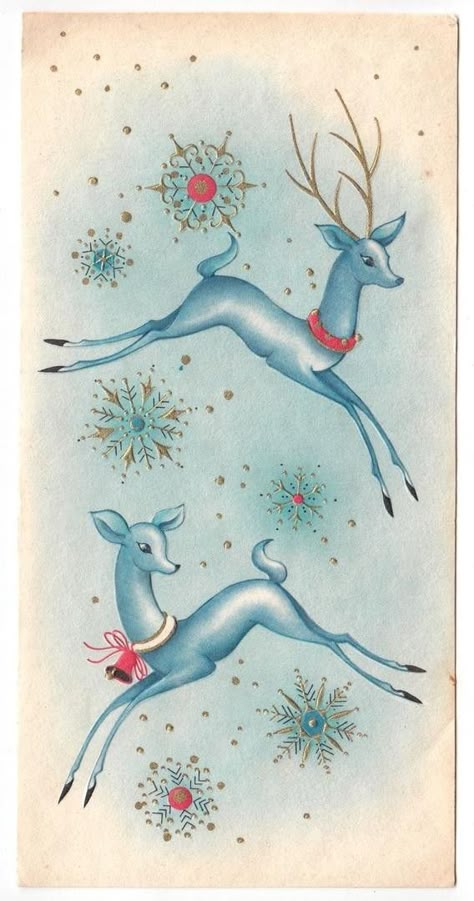 Vintage Greeting Card Christmas Deer Reindeer Snowflakes Mid-Century Blue Pink | #1854094856 Christmas Knitting Projects, Xmas Drawing, Christmas Tree Vintage, Vintage Holiday Cards, Greeting Card Christmas, Deer Illustration, Nostalgic Christmas, Christmas Gifts For Parents, Xmas Wallpaper