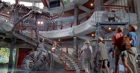 Park Architecture Design, Visitor Center Interior, Dinosaur Mural, Park Architecture, Jurassic Park 1993, Visitors Center, Jurassic Park Movie, Michael Crichton, Dome Of The Rock