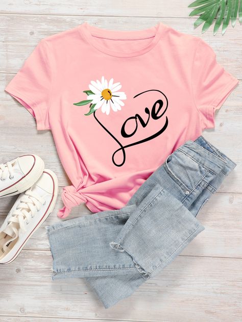 Bicycle Women, Floral Letters, Trendy Shirts, Round Neck Tops, Love Shirt, Ladies Tops Fashion, Outfits Casuales, Cute Casual Outfits, Plus Clothing