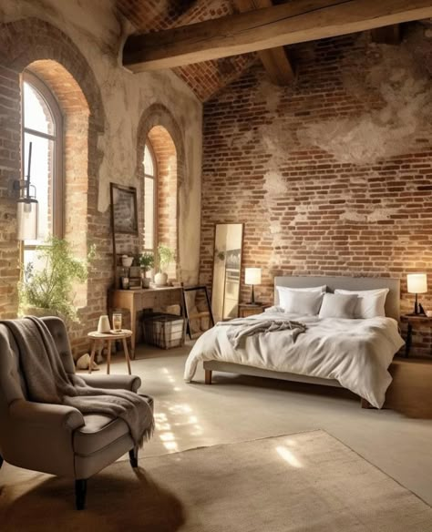 Shabby Chic Industrial Decor, Brick Wall Bedroom, Brick Bedroom, Eclectic Loft, Brick Interior Wall, Brick Interior, Light Brick, Loft Interiors, Exposed Brick Walls