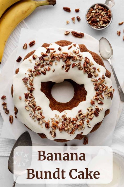 Banana Bundt Cake with Cream Cheese Icing is a delicious dessert that combines the sweet, moist texture of banana cake with a rich, tangy frosting. This classic recipe transforms overripe bananas into a crowd-pleasing treat perfect for any occasion. Banana Bundt Cake Recipes Easy, Banana Nut Cake With Cream Cheese Icing, Banana Bread Cake With Cream Cheese Frosting, Banana Bundt Cake Recipes, Cake Mix Banana Cake, Banana Cake Icing, Banana Cake With Cream Cheese Frosting, Banana Cake Recipe Moist, Banana Bread Bundt Cake