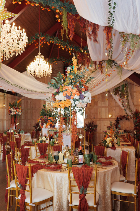 Orange wedding colour palette for autumnal theme wedding with white and orange wedding table decor at boho wedding with tall orange table centrepieces with chandeliers and orange chair back decor | wedding table decor | wedding styling and decorations | boho wedding | Fineshade Studios Orange Wedding Table Decor, Orange Wedding Table, Orange Summer Wedding, Orange Wedding Color Palette, Draping Ideas, Orange Wedding Colors, Table Decor Wedding, Autumnal Wedding, Quince Decorations