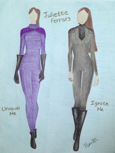 Juliette Ferrar's suits in Unravel Me and Ignite Me drawn by Nora McQueary. Juliette Ferrars Cosplay, Shatter Me Juliette Suit, Juliette Purple Suit Shatter Me, Juliette Ferrars Purple Suit, Juliette Ferrars Outfit, Unravel Me Fan Art, Unravel Me, Ignite Me, Juliette Ferrars